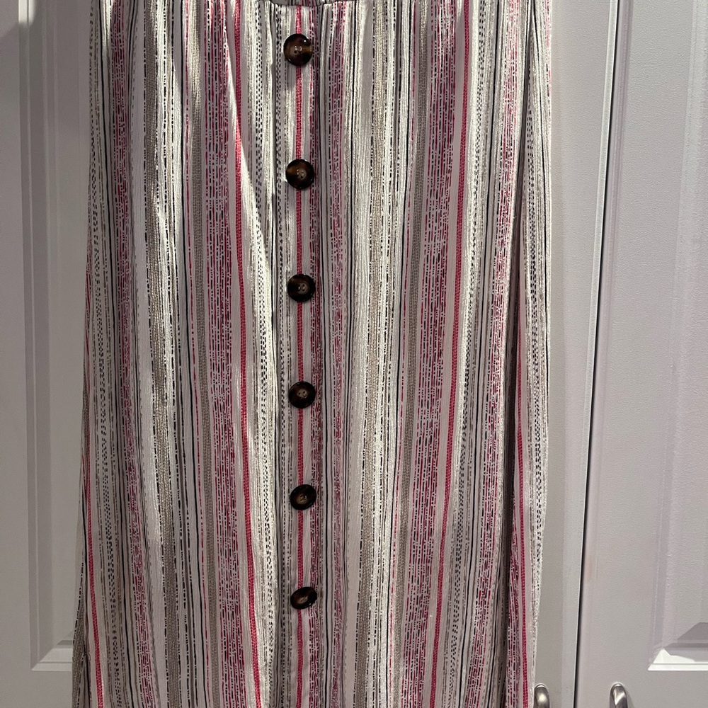 Apt. 9 Multicolor tan, cream, bright pink Striped Midi Skirt with buttons.